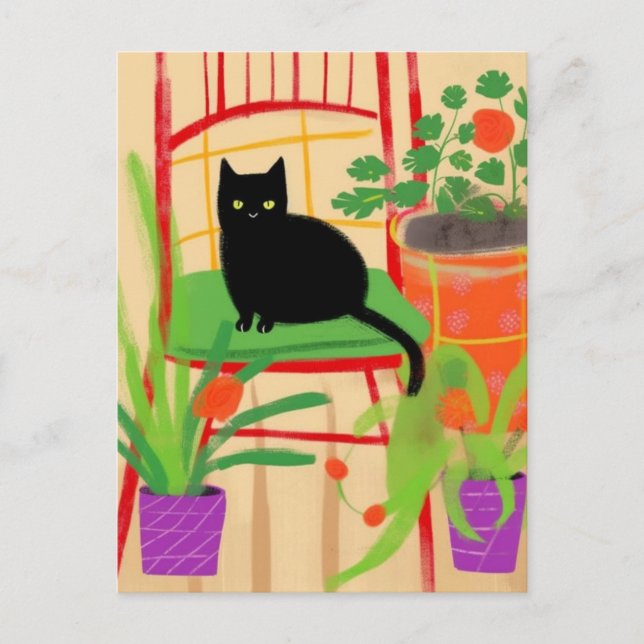 Postal Gato negro sobre pintura de flores de época en la  (Anverso)