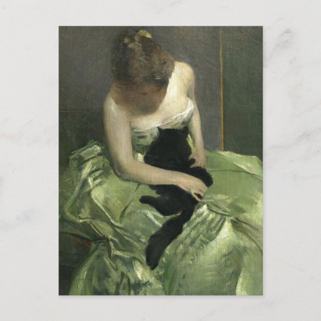 Postal Gato negro sobre traje verde (Anverso)