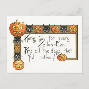 Postal Gato Negro Sonriente y Adorable Jack O Lantern