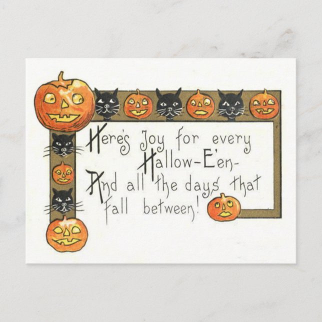 Postal Gato Negro Sonriente y Adorable Jack O Lantern (Anverso)