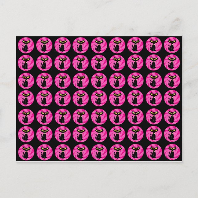 Postal gato negro suave en el patrón rosado (Anverso)