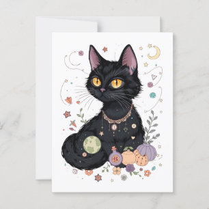Postal Gato negro suave y suave con regalos mágicos