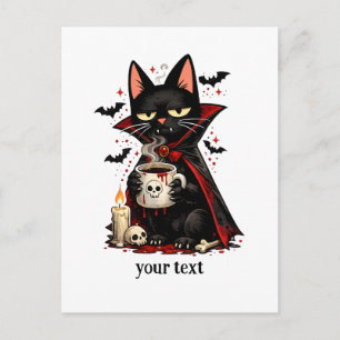 Postal Gato negro vampiro divertido café calavera Hallowe