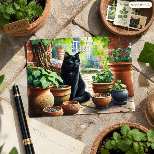 Postal Gato negro vigilando el crecimiento de la hierba g