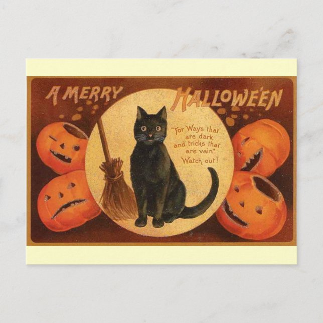Postal Gato negro vintage de Halloween (Anverso)