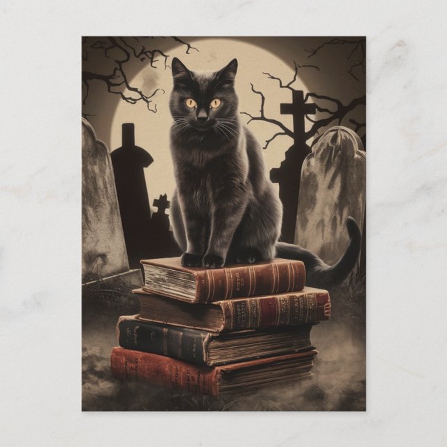 Postal Gato negro vintage de Halloween (Anverso)
