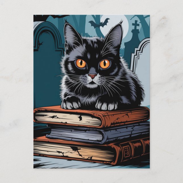 Postal Gato negro vintage de Halloween (Anverso)