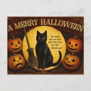 Postal Gato negro vintage de Halloween, cuatro Jack O'Lan