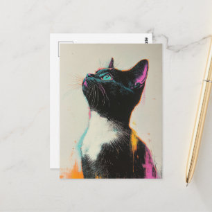 Postal Gato negro y blanco bonito con rosa y amarillo
