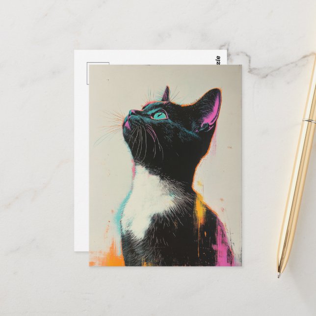 Postal Gato negro y blanco bonito con rosa y amarillo  (Anverso/Reverso In Situ)