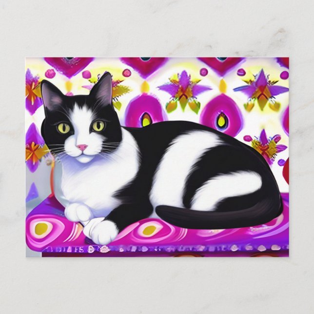 Postal Gato negro y blanco de esmoquin en un colchón (Anverso)