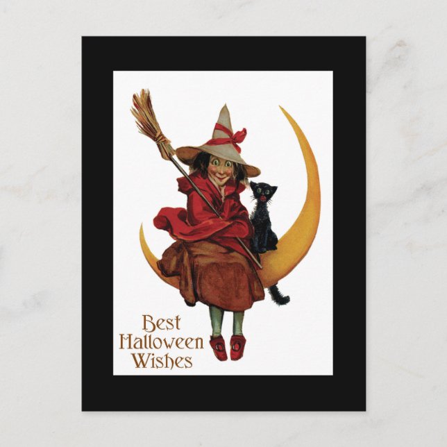 Postal Gato negro y bruja de Halloween (Anverso)