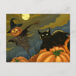 Postal Gato negro y calabaza espantapájaros