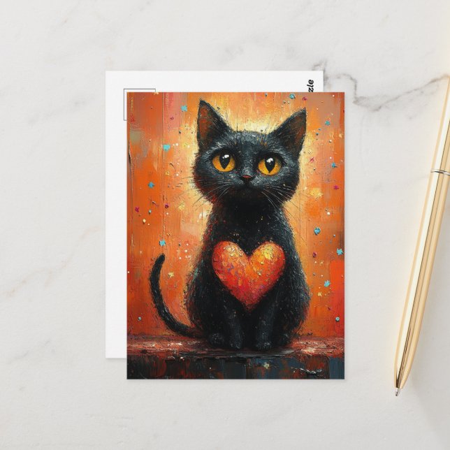 Postal Gato negro y corazón (Anverso/Reverso In Situ)
