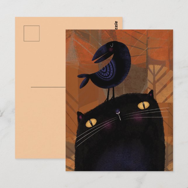 Postal Gato negro y cuervo (Anverso / Reverso)