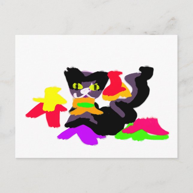 Postal Gato negro y diversión otoñal (Anverso)
