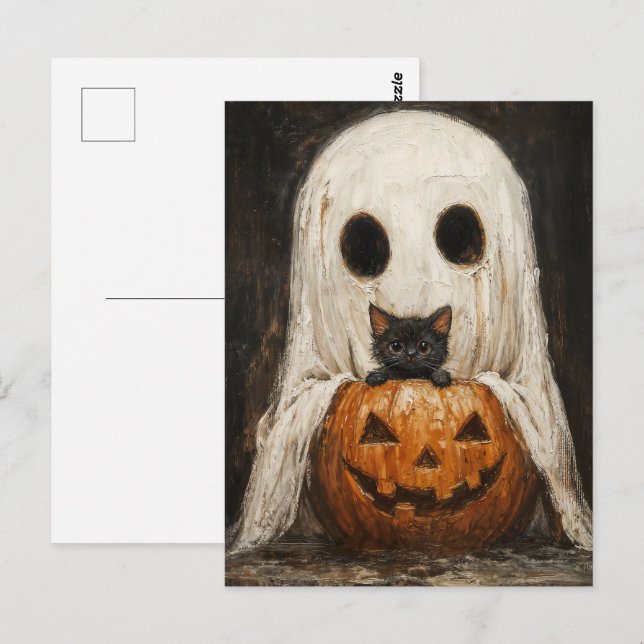 Postal Gato negro y fantasma de Halloween - Cute fantasma (Anverso / Reverso)