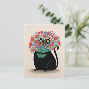 Postal Gato negro y flores