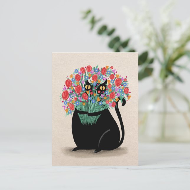 Postal Gato negro y flores (Anverso de pie)