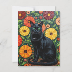 Postal Gato negro y flores de arte popular coloridas