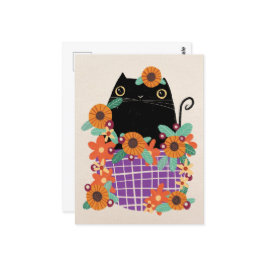 Postal Gato negro y girasoles