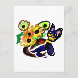 Postal Gato negro y girasoles