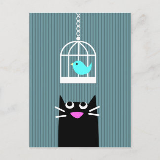 Postal Gato negro y pájaro azul en la jaula