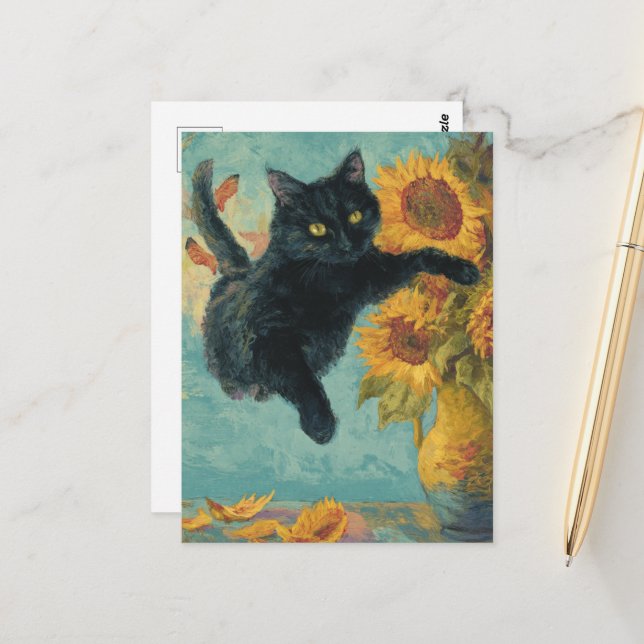 Postal Gato negro y una bolsa de girasoles (Anverso/Reverso In Situ)