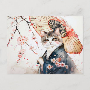 Postal Gato Noble de Geisha con paraguas de bambú en chin