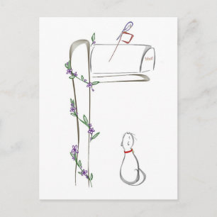 Postal Gato observando pájaro en un buzón