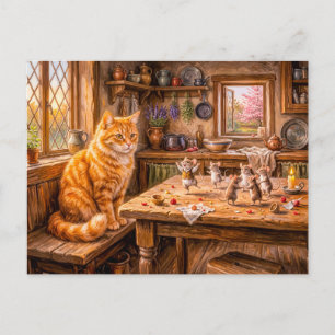 Postal Gato observando ratones bailar en la cocina