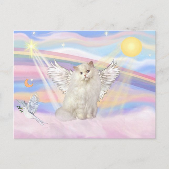 Postal Gato Persa Blanco Ángel en Nubes (Anverso)