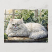 Gato persa blanco ondulado en un jardín
