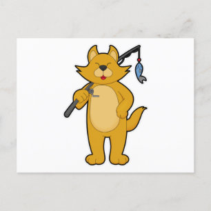 Postal Gato pescando con caña de pescar y pez