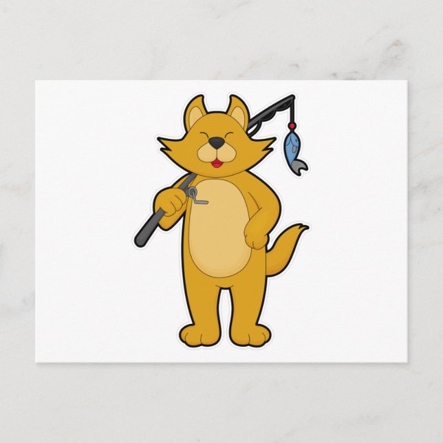 Postal Gato pescando con caña de pescar y pez (Anverso)