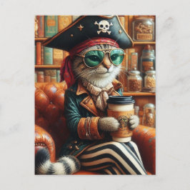 Postal Gato pirata adorable con café