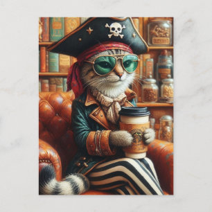 Postal Gato pirata adorable con café
