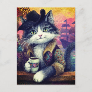 Postal Gato Pirata Adorable Con Café