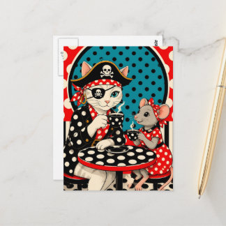 Postal Gato Pirata Adorable y Ratón Café Lunares
