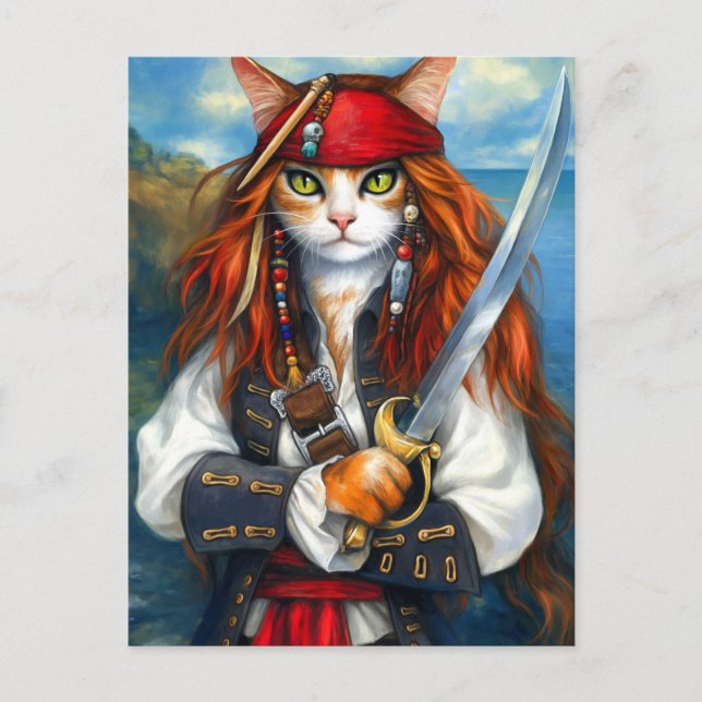 Postal Gato pirata | Arte de carácter fantasía (Anverso)