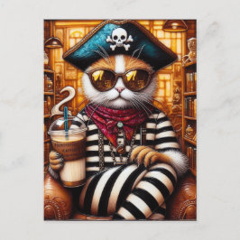 Postal Gato pirata bebiendo café café estilo de arte enca