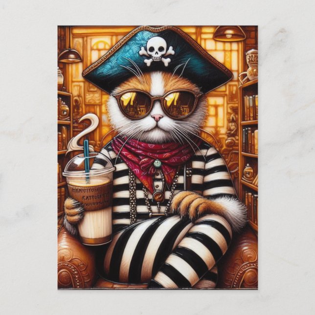 Postal Gato pirata bebiendo café café estilo de arte enca (Anverso)