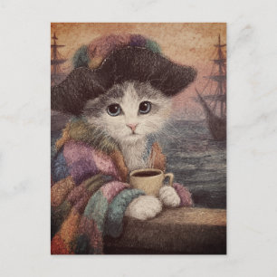 Postal Gato Pirata Con Café