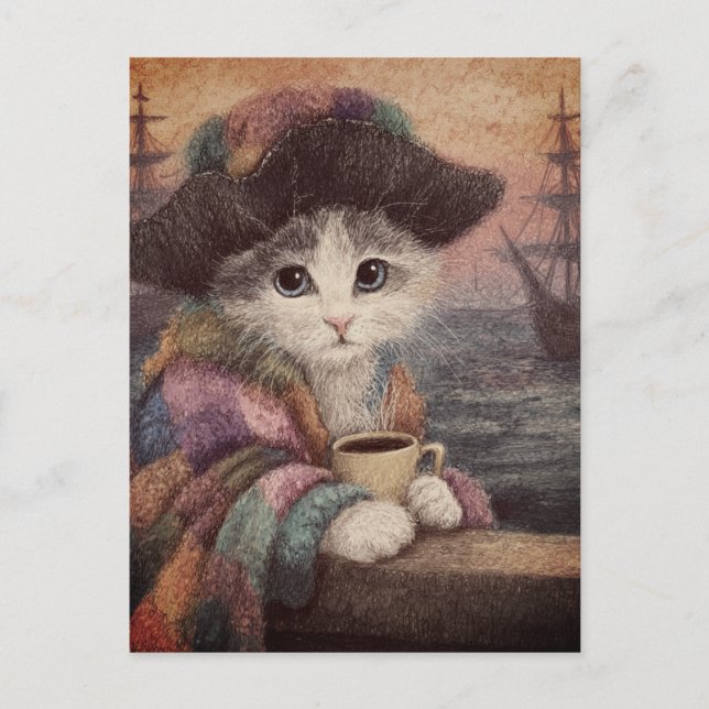 Postal Gato Pirata Con Café (Anverso)