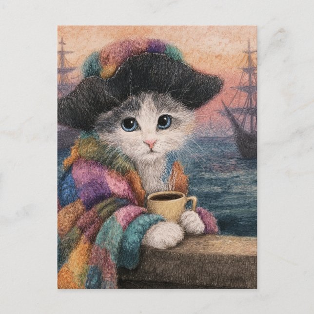 Postal Gato Pirata Con Café (Anverso)