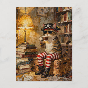 Postal Gato Pirata Disfruta de Algo de Café