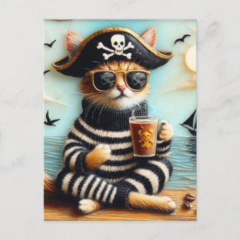 Postal Gato pirata tomando café estilo de arte encausante