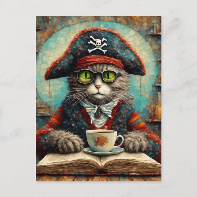 Postal Gato pirata tomando café y leyendo (Anverso)