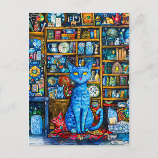 Postal Gato por una colorida estantería