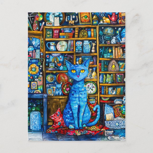 Postal Gato por una colorida estantería (Anverso)